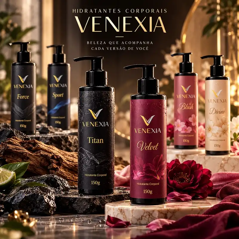 Hidratantes corporais Venexia Titan, Force, Sport, Velvet, Blush e Divine