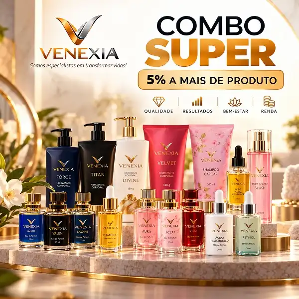 Combo Super Venexia com variedade de perfumes, cosméticos e cuidados pessoais